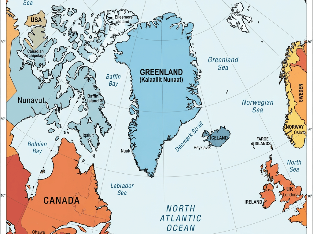 Political map of North Atlantic showing Greenland, Canada, USA, Iceland, UK, Norway, and surrounding seas