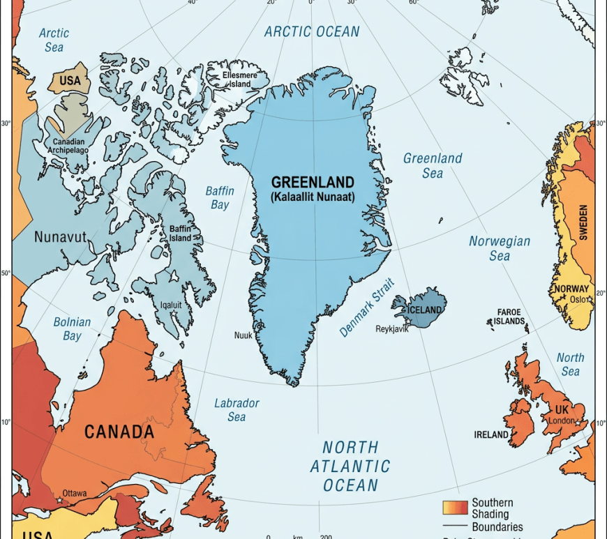 Political map of North Atlantic showing Greenland, Canada, USA, Iceland, UK, Norway, and surrounding seas
